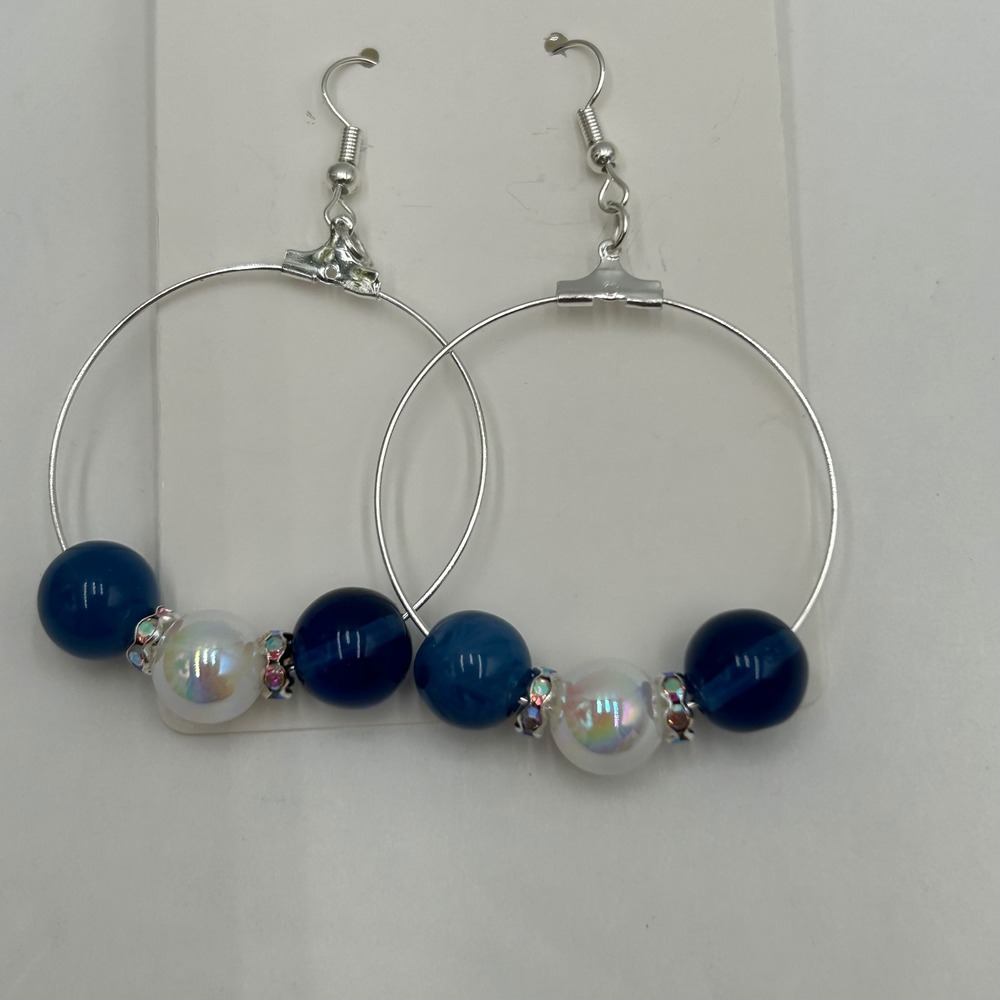 Michael Kors Upcycled Silk Tie Statement Necklace & Beaded Hoop Earring Set Blue - Picture 6 of 12